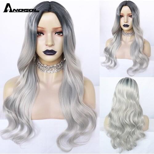 Anogol Long Brown Purple White Blonde Ombre Synthetic Hair Wigs for Women Middle Part Wavy Cosplay Wigs Heat Resistant Natural
