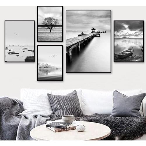 Black White Minimalist Landscape Art Painting Canvas Prints Bridge Boat Posters Wall For Living Room Modern Home Decor