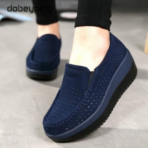 Breathable Summer Womens Shoes Flat Platform Ladies Sneakers Female Hollows Cow Suede Leather Woman Loafers Wedges Slip On Shoe