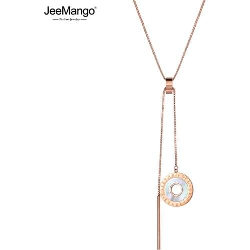 JeeMango Stainless Steel Necklace Round Disc Shell Pendant Forever Letter Engraving Rose Gold Pendant Sweater Chain JN18250
