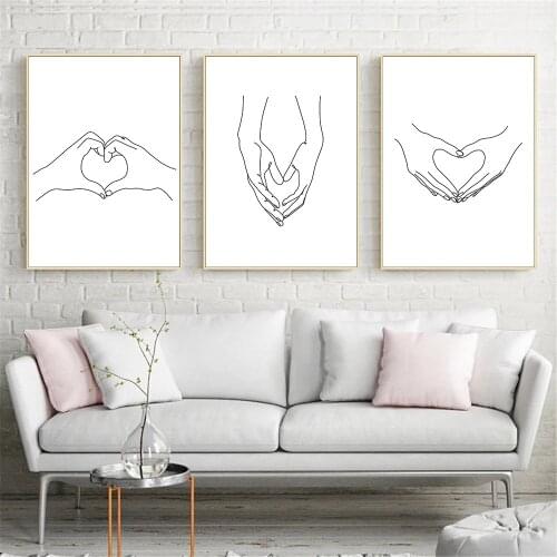 Love Heart Abstract Hands Canvas Painting Line Drawing Print Poster Couple Gifts Minimalist Wall Art Pictures Living Room Decor