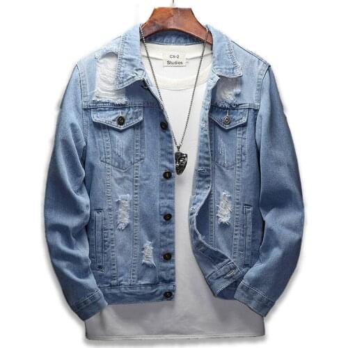 New ripped denim jacket men blue slim Hole letter print Outerwear Cotton Soft Streetwear Casual Loose Button Coats Work Clothes