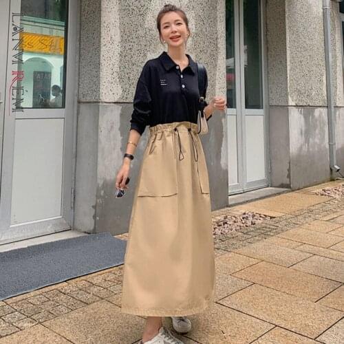 LANMREM New Long-sleeved Stitching Color Drawstring Waist Patchwork Dress Female 2021 Spring And Autumn Slim Dresses 2W242