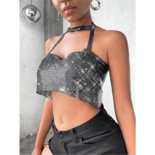 SRUBY 2021 European and American cross-border summer new sexy halterneck sling metal sequined top