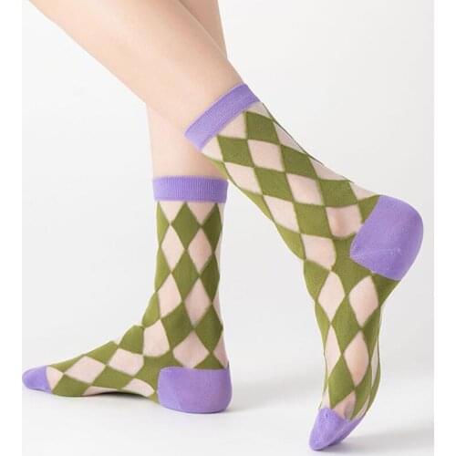 Fashion Thin Socks Women Plaid Long Socks Femme Glass Silk Transparent Socks Ankle Dress Calcetine Medias