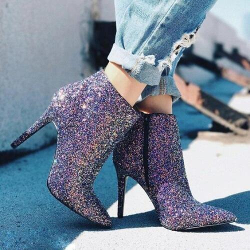 Moraima Snc Side Zipper Pointed Toe Stiletto Heel Sequin Glitter Chic Ankle Boots Sexy Riding Boots for Woman Purple Short Boots