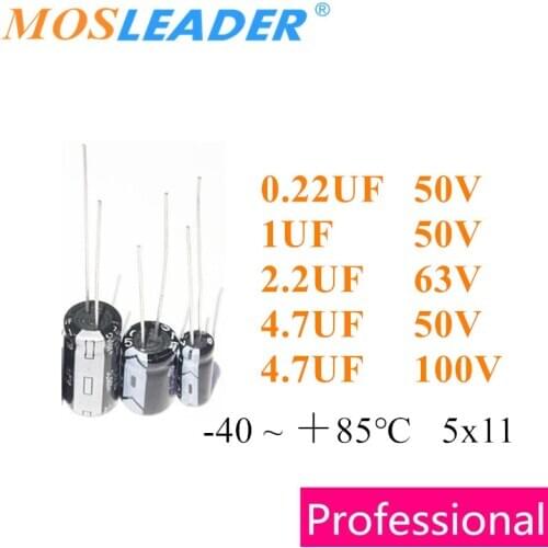 Mosleader 1000pcs 5*11 0.22UF 1UF 2.2UF 4.7UF 50V 63V 100V Through Hole Aluminum electrolytic capacitor -40 ＋85℃ DIP 5x11 China