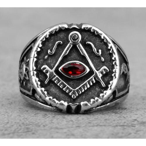 Retro Freemason Symbol Red Crystal Stainless Steel Mens Rings Masonic Templar for Male Biker Jewelry Creativity Gift Wholesale