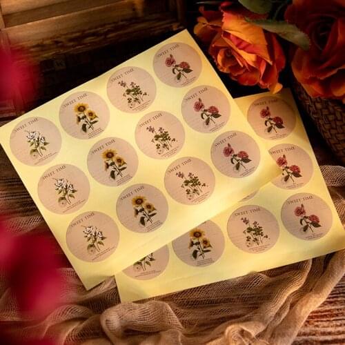 108pcs Vintage Flower Kraft Paper Stickers Rose Gardenia Sunflower Sweet Time Gift Sealing Labels Wedding Party Decor Sticker