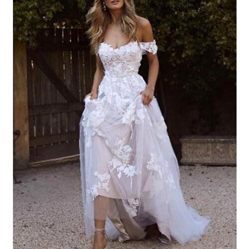 New Country Boho Wedding Dresses 2021 Sexy Backless A Line Off Shoulder Appliqued Tulle Long Summer Bridal Gowns Bohemian Robe