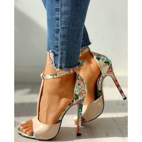 New ladies colorful floral net red sandals women summer T-shaped buckle sexy fashion girl high-heeled sandals B61-54 SN