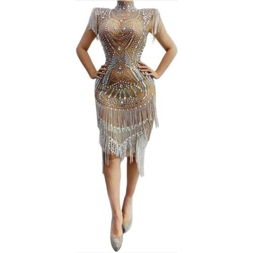 New Sexy Shining Silver Crystals Fringes Transparent Dress Birthday See Through Rhinestones Chain Outfit Singer Evening Dress