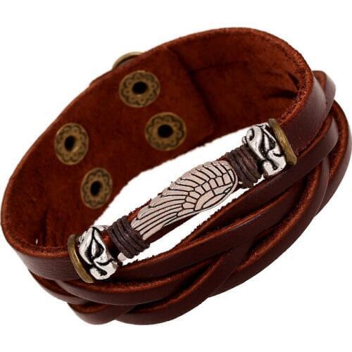 Genuine Leather Popular Wing Punk Brown Bracelets For Men Women New Arrival Charm Wrap Bracelets