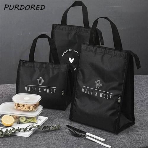 PURDORED 1 Pc Black Cactus Pattern Lunch Bag Thermal Picnic Lunch Box Bag Insulation Bento Pouch Travel Food Fruit Organizer