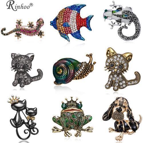 RINHOO Fashion Frog Gecko Cats Dogs Snail Pin Brooches for Women Enamel Collar Crystal Animal Brooch Pin Christmas Jewelry