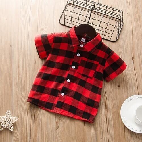 2020 new crossborder middle and small children handsome boys shirt western style lapel plaid fashion summer dress hundred towers