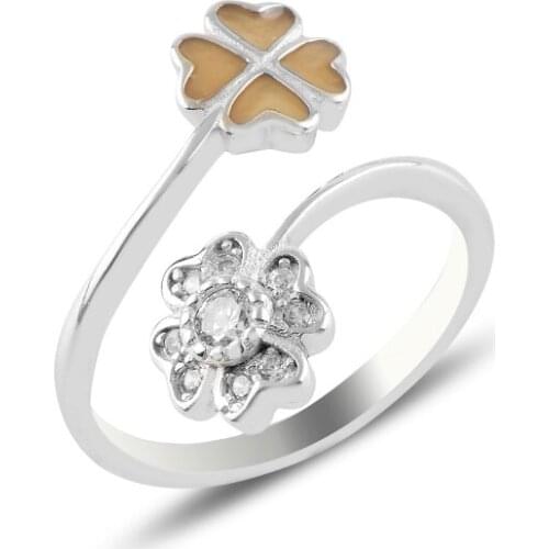 Silver 925 Sterling Flower Enamel & Zircon Cubic Zirconia Adjustable Tall Ring