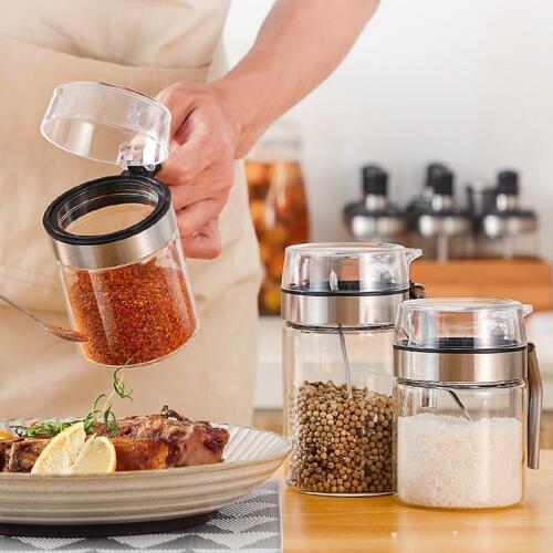 YOMDID Seasoning Pot Glass Bottle Condiment Storage Box Salt Pepper Sugar Flavoring Container With PP Lid Kitchen Supplies