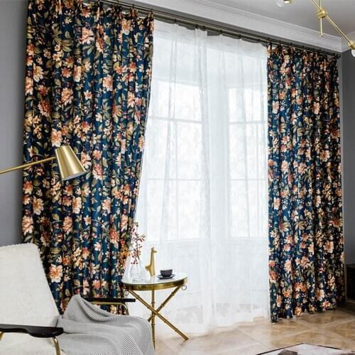 Dark Blue American Country Retro Big Flower Peony Printing Blackout Curtains for Living Room Bedroom Study Curtain Pillow Custom