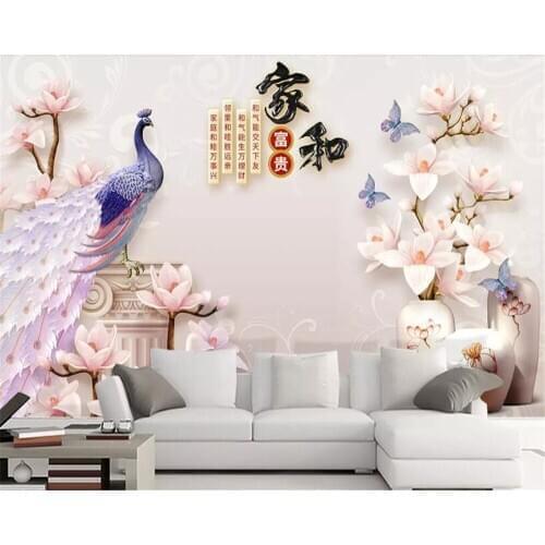 Beibehang vinyl wallpaper Customized beautiful home and rich 3D embossed peacock magnolia TV background wall papers home decor