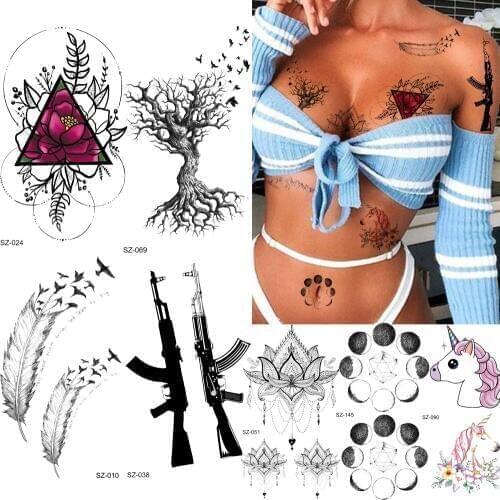 Temporary Tattoo Women Geometric Flower Moon Tattoo Stickers Black Branch Tree Fake Men Tatoos AK Gun Feather Birds M416 Makeup