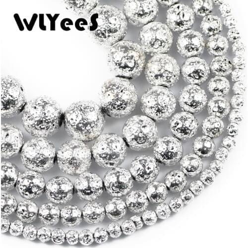 WLYeeS Natural Stone Beads Silvers Rock Volcanic Lava Round Beads For Jewelry Making DIY Bracelet Accessories 15'' 4/6/8/10/12mm