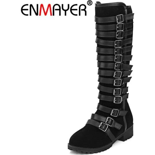 ENMAYER Knee High Motorcycle Boots Womens Buckles Knight Boots Women Flats Suede Black Beige Shoes Woman Cool Punk Boots CR668