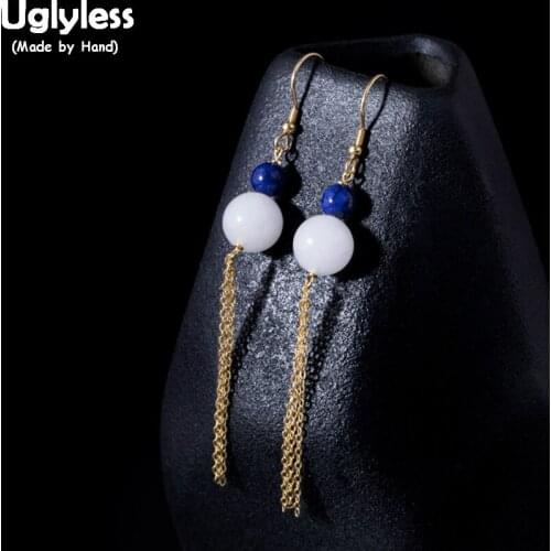 Uglyless 100% Real 925 Sterling Silver Chains Long Tassel Earrings for Women Jade Ball Dangle Earrings Lapis Exotic Wild Brincos