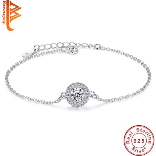 BELAWANG Classic 100% 925 Sterling Silver Adjustable Chain Bracelet with Sparkling CZ Crystal Round Charm Bracelet Women Jewelry