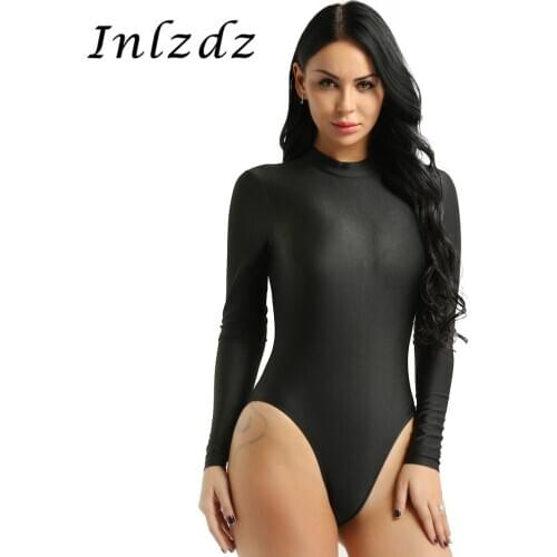 Womens Lingerie Sexy Bodysuit Long Sleeve Stand Collar Stretchy Back Zipper Closure High Cut Erotic Leotard Bodysuit Swimsuit