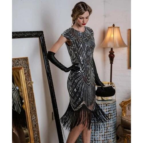 Womens Retro 1920s Beaded Sequined Leaf Art Deco Gatsby Flapper Dress