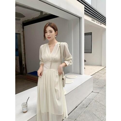 Autumn 2020 Winter Women Dresses Sexy Chiffon Ladies Vestidos Loose Button Adjust Waist Max Dress V-Neck Solid Color Robe KE907