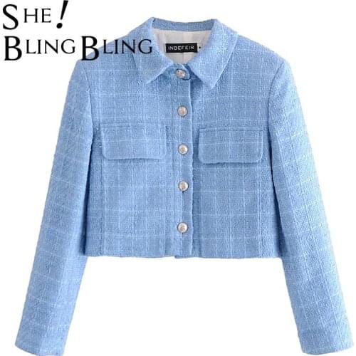 SheBlingBling Spring Blue Color Tweed Lady Coat Single-Breasted Small Fragrant Wind Women Loose Jacket Office Lady Short Outwear