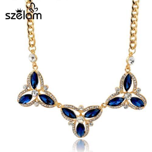 Vintage gold chain flower imitation Crystal crystal colar necklace for women ethnic Blue statement necklaces pendants SNE150840