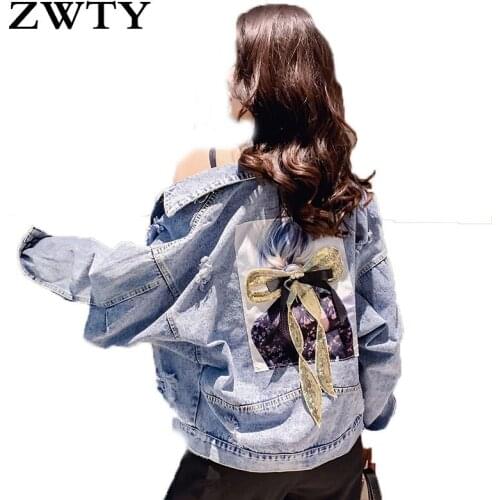ZWTY Korea Retro Washing Frayed Letter Patch Bomber Jacket Blue Ripped Distressed Denim Coats Spring Autumn Harajuku coat Mujer