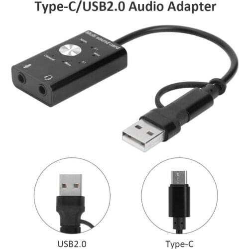 1pcs 2 in 1 USB External Sound Card USB2.0+Type C to 3.5mm Jack Headphone Microphone Audio Adapter for Windows MAC Linux Android