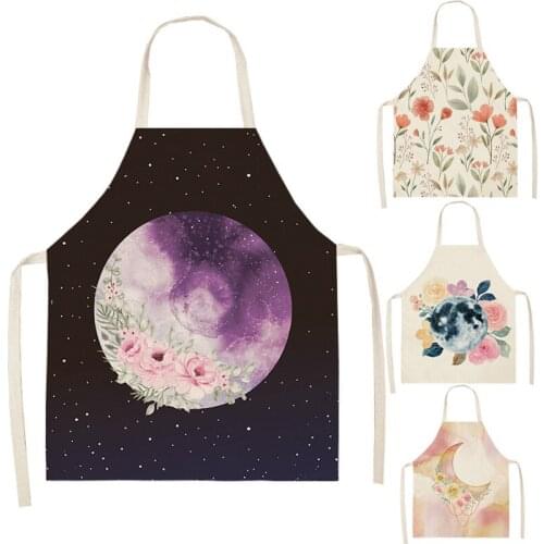 1 Pcs Moon Kitchen Aprons for Women Cotton Linen Bibs Household Cleaning Pinafore Home Cooking Apron 66x47cm