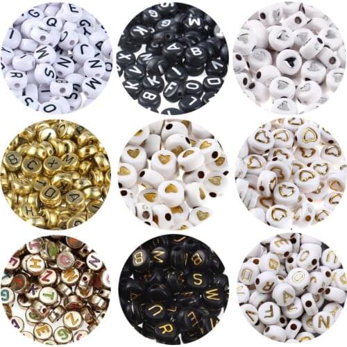 100pcs 4x7mm Black White Gold Letter Beads for Jewelry Making Components Acrylic Alphabet Round Beads Bracelet Components DIY