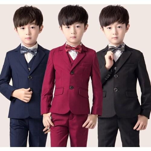 Children Formal Dress Suit Sets Flowwer Boys Blazer +Vest + Pant 3pcs Outfits Kids Wedding Party Piano Performance Host Costume
