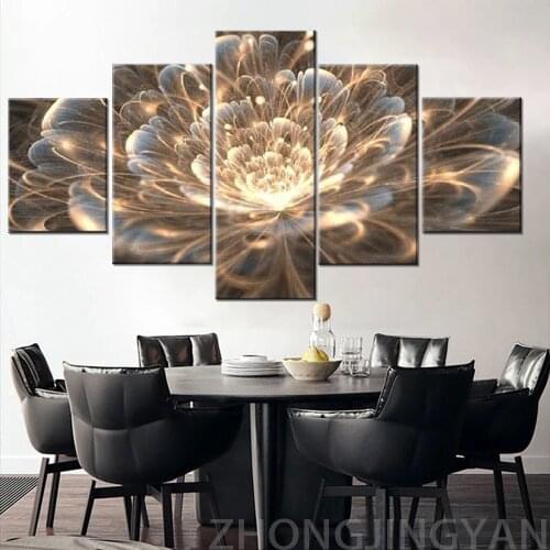Golden Rays Fractal Flower 5 Pieces Canvas Wall Art Hd Prints Painting Modern Living Room Decor Modular Board Picture Abstract M