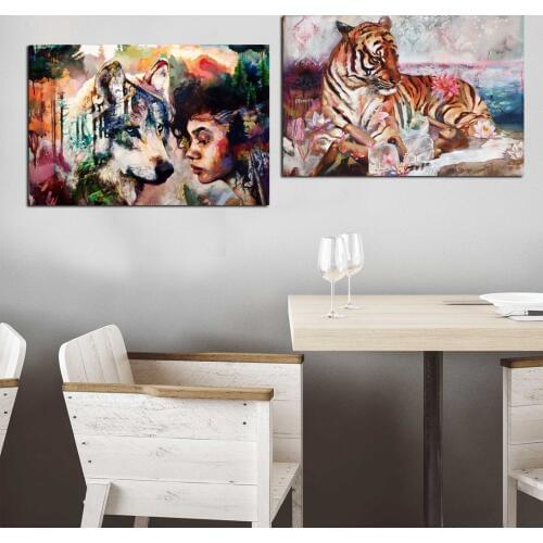 Abstract Wolf Woman Wall Art Scroll Canvas Framed Print Painting Vintage Posters and Prints Wall Pictures Modern Home Decoration