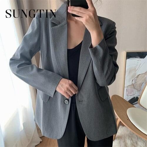 Sungtin Office Lady Single Button Solid Grey Womens Blazers Pockets Female Vintage Casual Notched Collar Women Blazer OL Chic