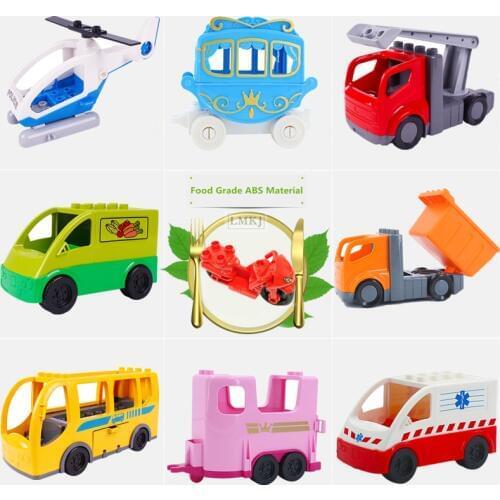 Trailer Cars Motorcycle Big Size Fire Truck Bus Building Blocks Carriage Vehicle Kid DIY Toys For Children Bricks Gift