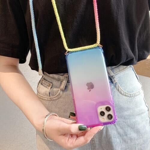 Gradient Rainbow Strap Cord Chain Phone Necklace Lanyard Phone Case Carry Cover Hang For iPhone 12 11 Pro XS Max XR X 8Plus 8