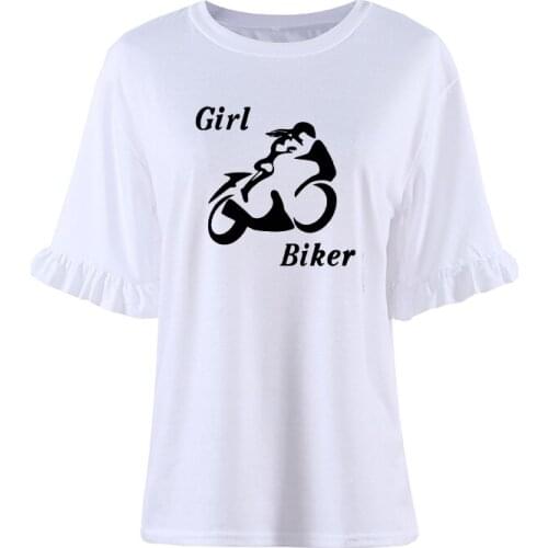 Sexy Powerful Girl Biker Print T Shirt Funny O-Neck Tees Women Clothing Casual Petal Sleeve Vintage Tops Camisetas Streetwear