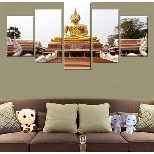 HD Printing Buddha Poster Wall Art Cloth Painting 5 Panel Modular Photo Modern Living Room Home Decoration