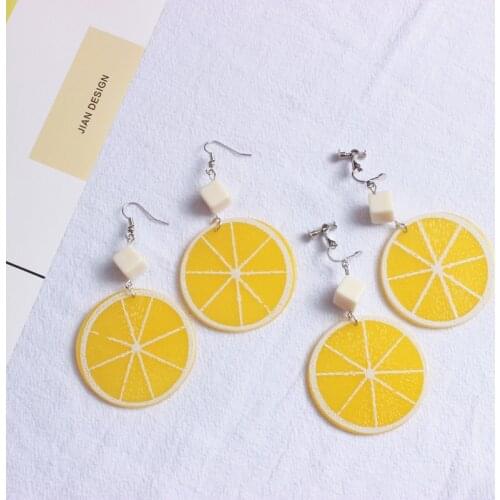 Summer Small Fresh Earrings Temperament Fashion Fruit Lemon Earrings Female Silver Needle Cute Ear Clips Without Pierced Ears