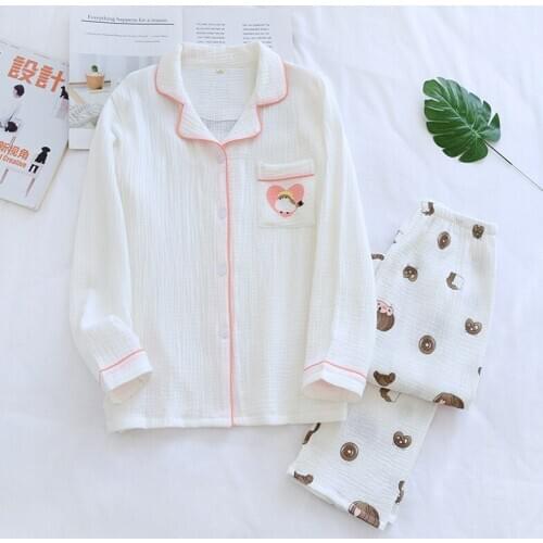 2021 new spring and autumn ladies four seasons home wear 100% cotton crepe cloth large size white home personality pajamas suit