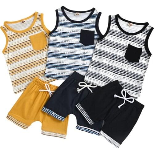 1-5Y Kids Casual Summer Baby Boys Clothes Sets Sleeveless Striped Pocket T-shirts Tops+Shorts Pants Chidlren Cotton Tracksuits