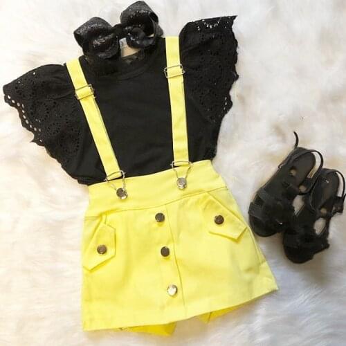 2-7Y Toddler Baby Girls Clothes Sets 2 colors Lace Short Sleeve Black T Shirts Tops+Bib Overalls Shorts 2pcs